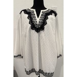 Talbots White with Black Embroidered Tunic Top Size Large NWT